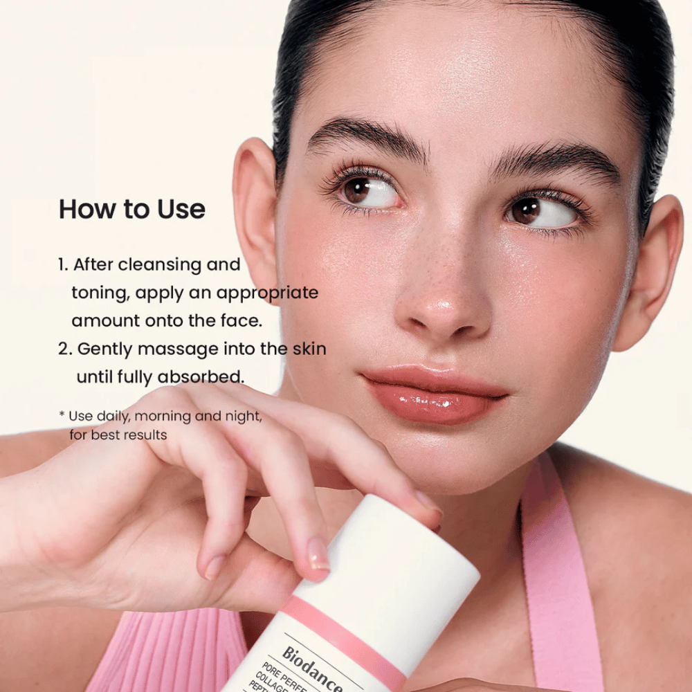 Biodance Pore Perfecting Collagen Peptide Cream applicazione dopo la pulizia – crema viso idratante e rassodante con peptidi e collagene