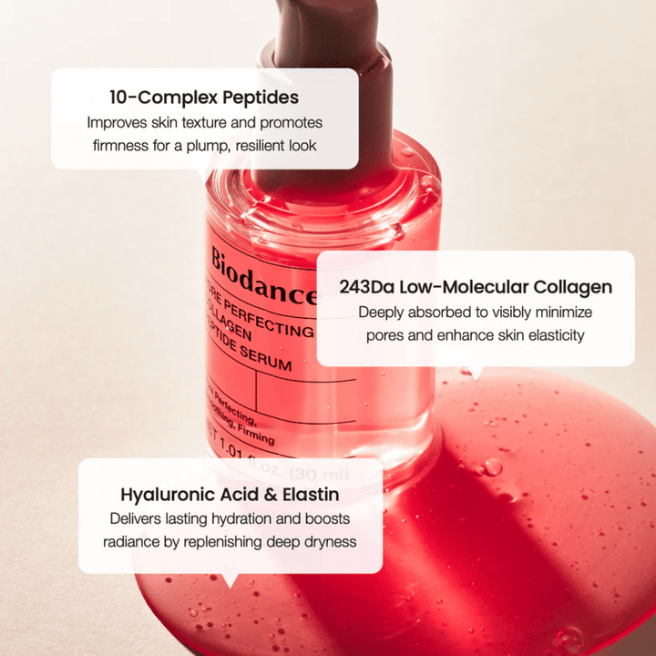 Biodance Pore Perfecting Collagen Peptide Serum con peptidi, collagene e acido ialuronico per una pelle più soda.