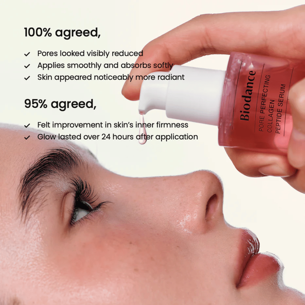 Biodance Collagen Peptide Serum viene applicato sul viso – siero rassodante per ridurre i pori e aumentare la luminosità.