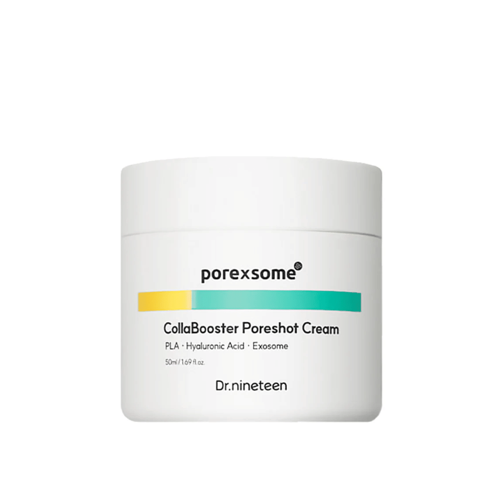 Immagine del prodotto di Porexsome CollaBooster Poreshot Cream in un barattolo bianco con dettagli colorati in giallo e turchese. Una crema viso che affina i pori e idrata.