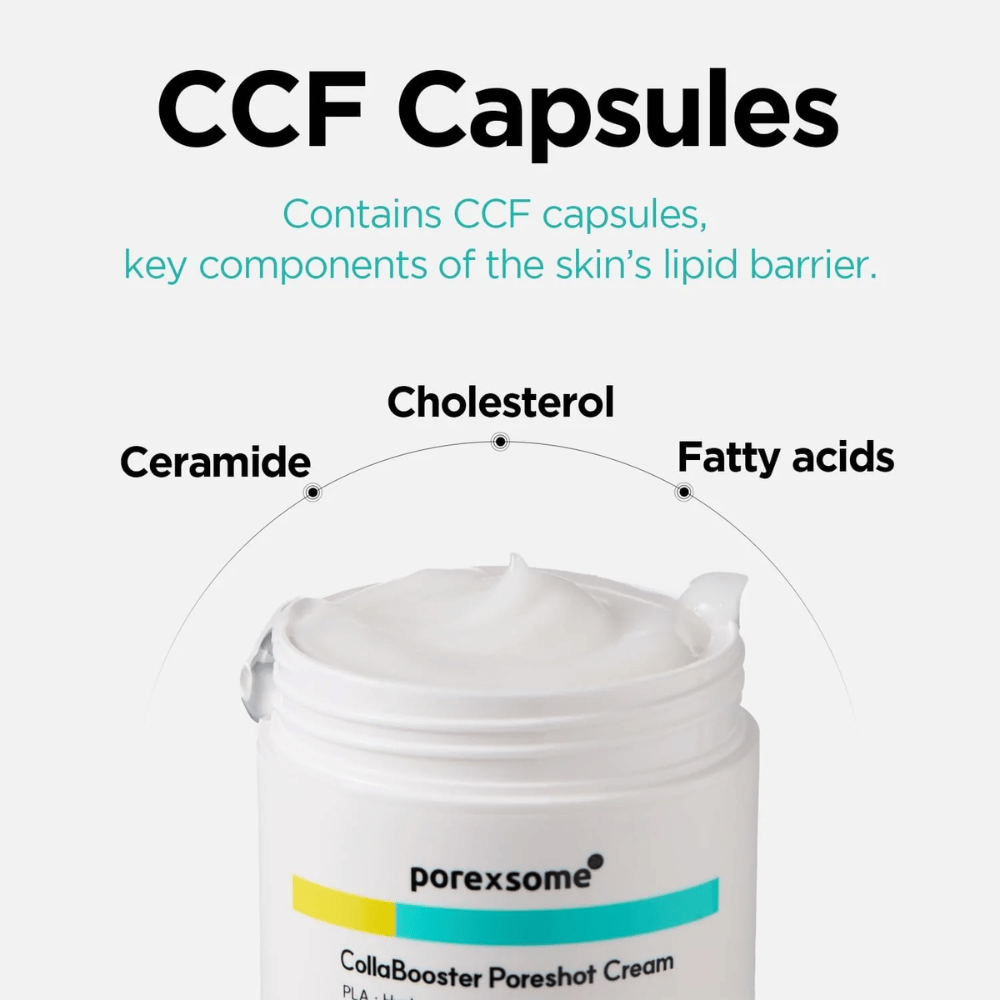 Barattolo aperto di Porexsome CollaBooster Poreshot Cream con testo sulle capsule CCF: ceramidi, colesterolo e acidi grassi che rafforzano la barriera cutanea.