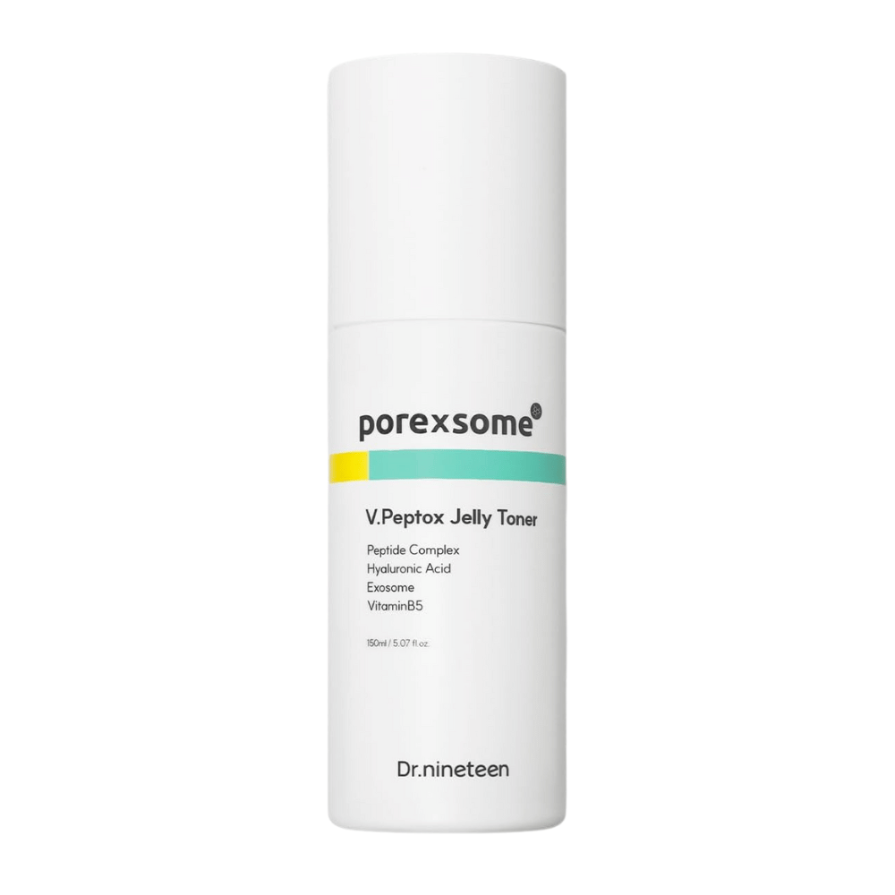 Immagine del prodotto di Dr.nineteen Porexsome V.Peptox Jelly Toner in bottiglia bianca. Un tonico idratante con peptidi, esosomi e vitamina B5.