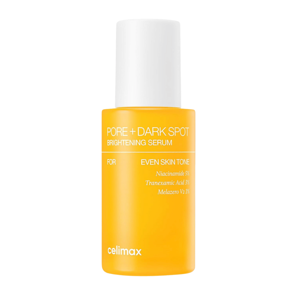 Celimax Pore + Dark Spot Brightening Serum in una bottiglia gialla in piedi con tappo bianco, contiene niacinamide, acido tranexamico e Melazero.