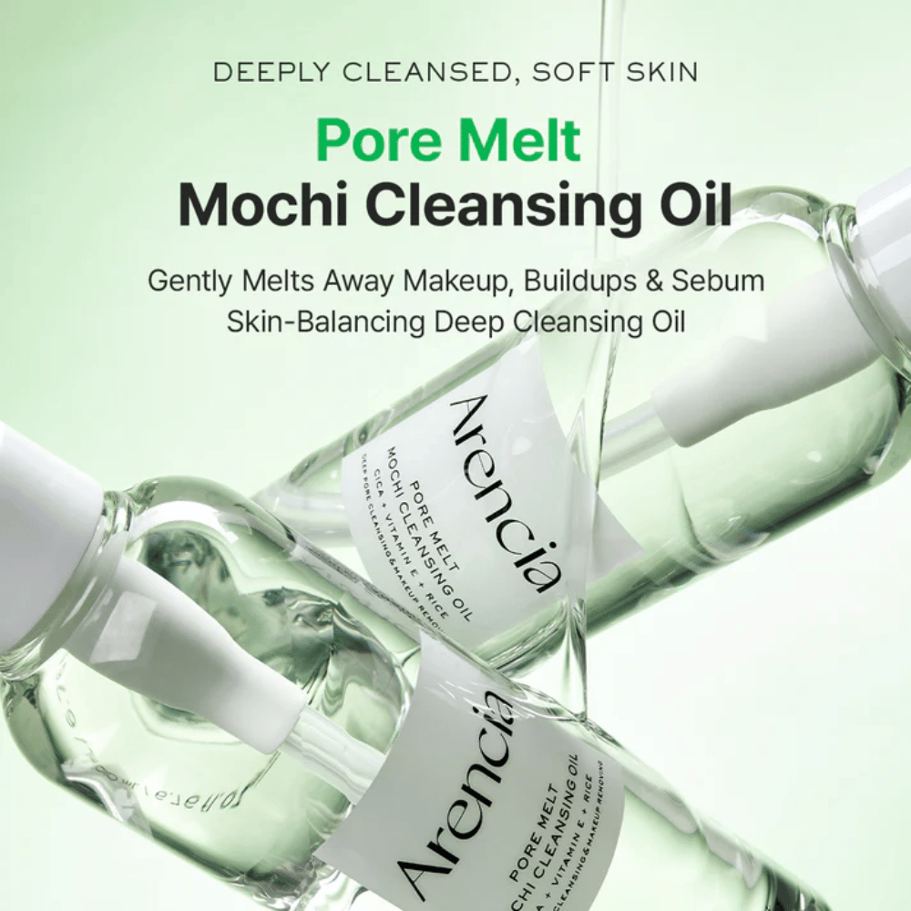 Immagine del prodotto con vantaggi per Arencia Pore Melt Mochi Cleansing Oil, scioglie il trucco e il sebo, supporta la barriera cutanea e lascia la pelle morbida senza tensione.