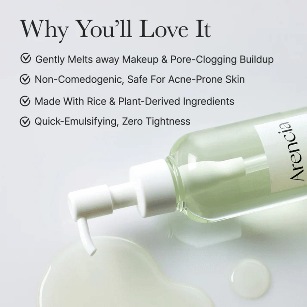 Immagine informativa su Arencia Pore Melt Mochi Cleansing Oil che è 100% amichevole per i pori e non comedogenica, sviluppata per pelli sensibili e soggette ad acne.