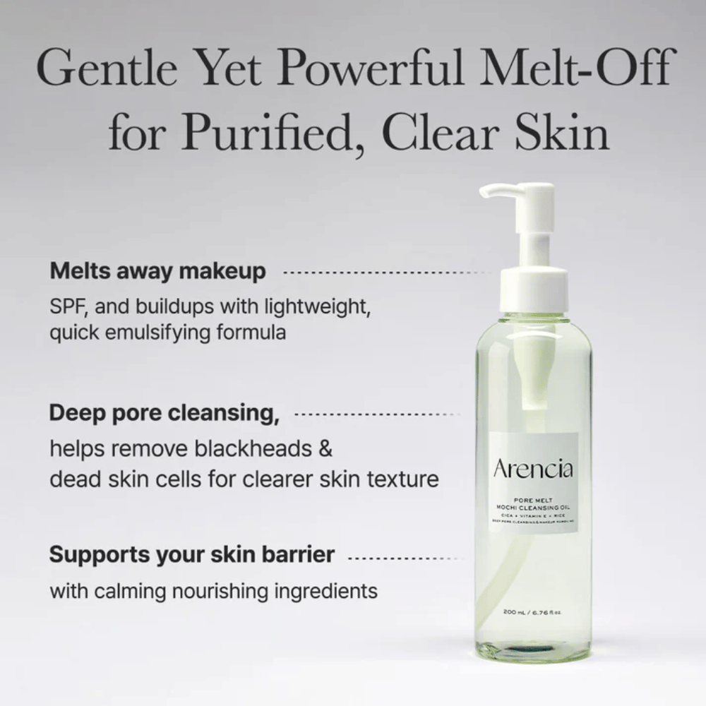 Arencia Pore Melt Mochi Cleansing Oil in vista completa con testo sulla pulizia profonda, scioglie il trucco, SPF e impurità mentre mantiene l'equilibrio dell'umidità della pelle.