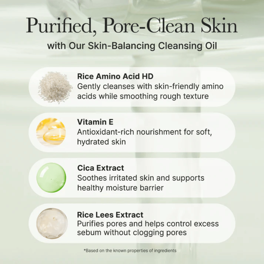 Panoramica degli ingredienti per Arencia Pore Melt Mochi Cleansing Oil con aminoacidi del riso, vitamina E, estratto di cica e estratto di lees di riso per una pulizia delicata e una barriera cutanea rinforzata.