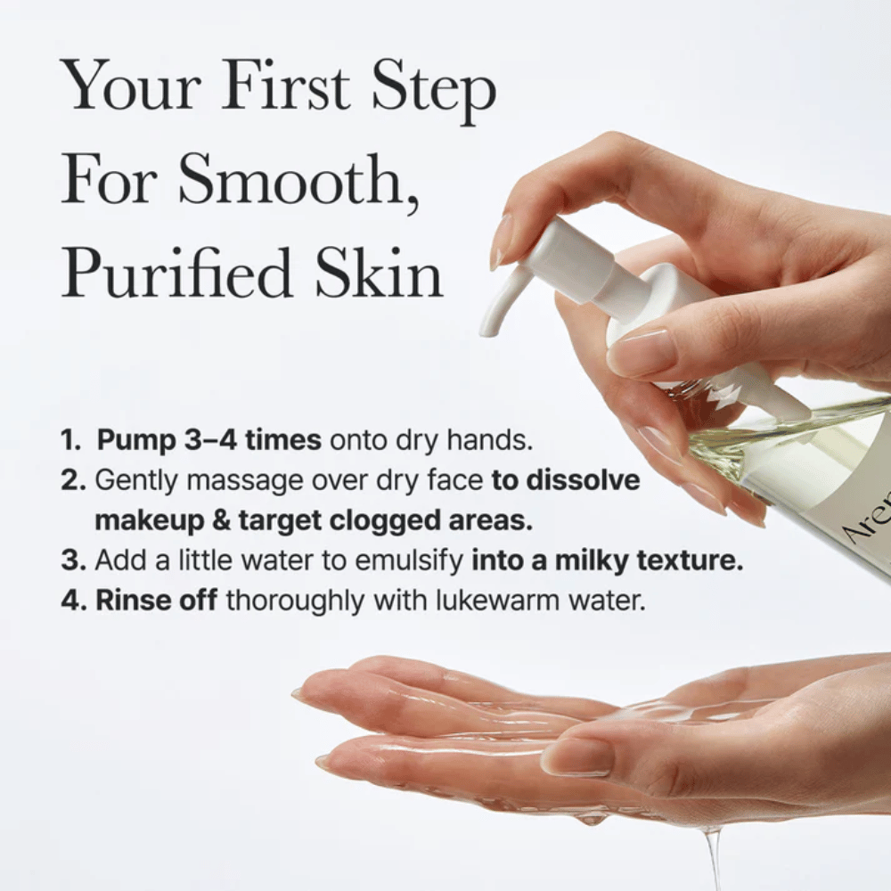 Immagine istruttiva che mostra come Arencia Pore Melt Mochi Cleansing Oil viene utilizzato come primo passo nella routine di pulizia per una pelle più liscia, pulita e più equilibrata.