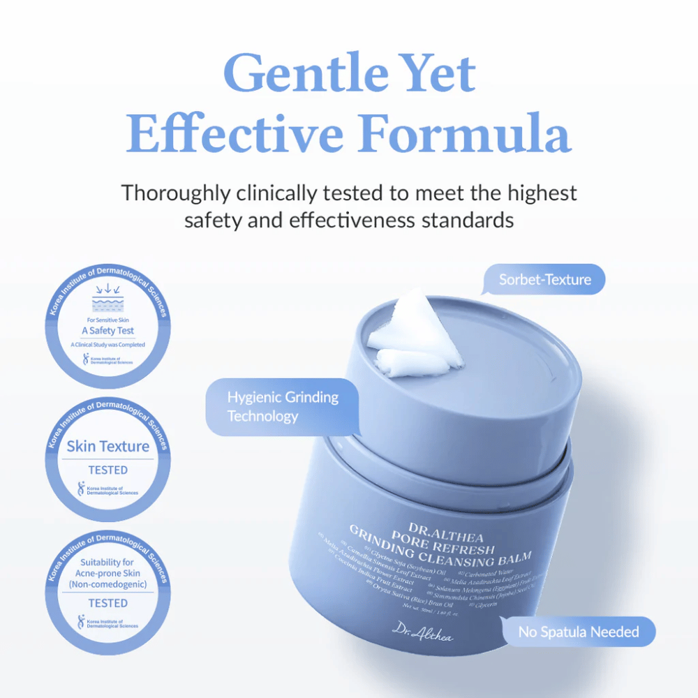 Dr.Althea Pore Refresh Grinding Cleansing Balm con la scritta "Gentle Yet Effective Formula" sopra. Il barattolo ha una consistenza sorbetto con tecnologia di macinazione igienica e non richiede spatola per l'uso. Clinicamente testato per pelle sensibile e soggetta ad acne (non comedogenico).
