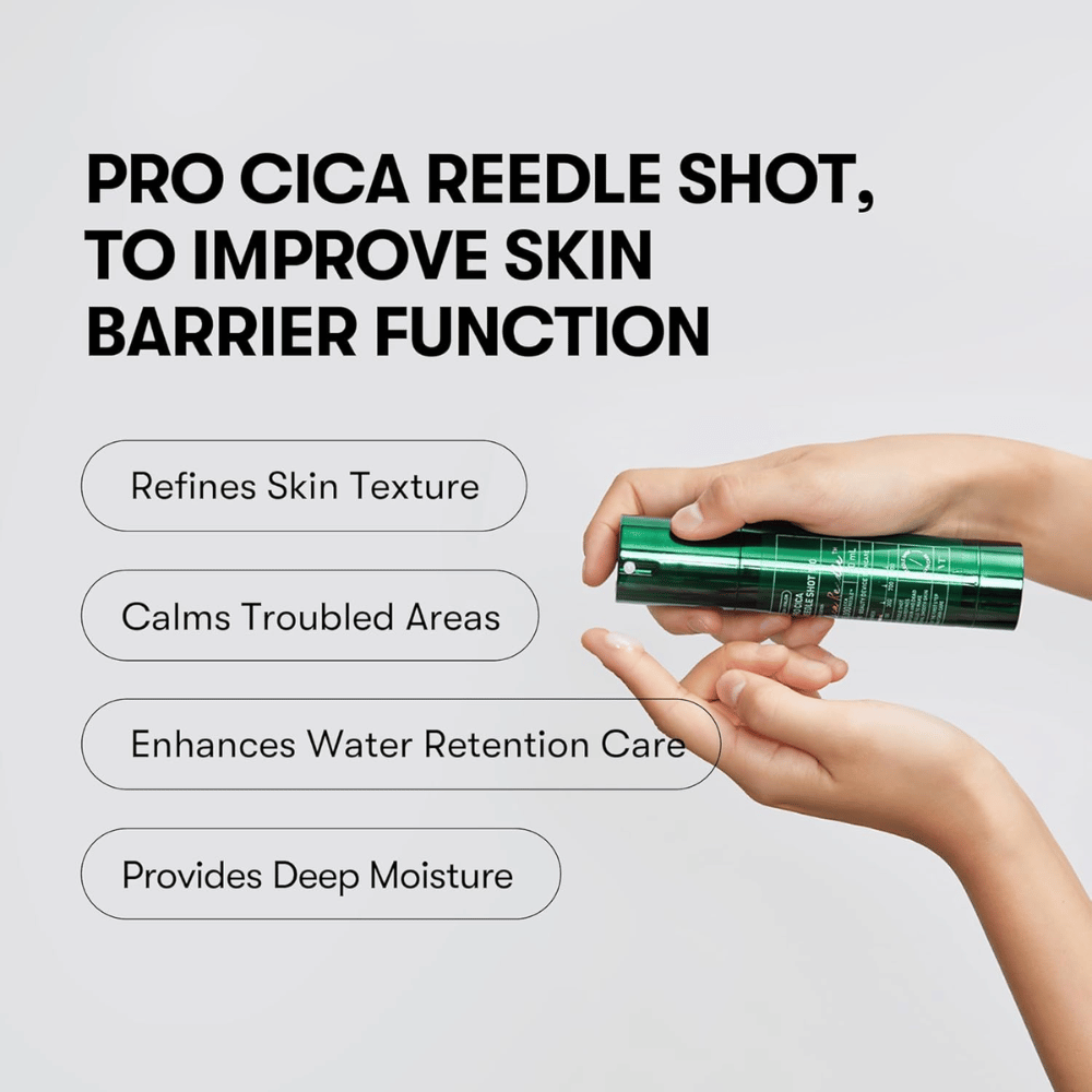 VT Cosmetics Pro Cica Reedle Shot 100 applicato sulla pelle per migliorare la barriera cutanea, calmare la pelle sensibile e fornire idratazione profonda
