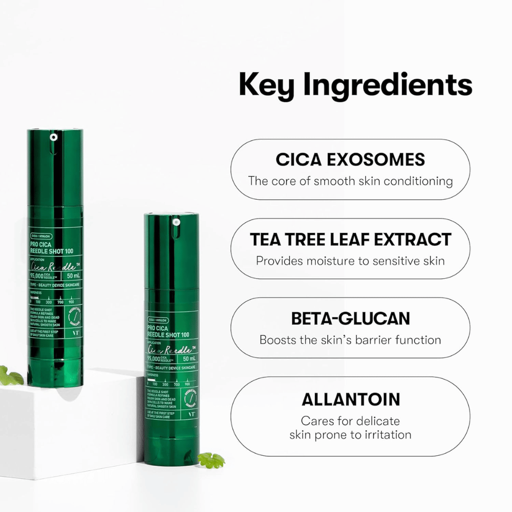 VT Cosmetics Pro Cica Reedle Shot 100 con ingredienti chiave come esomi CICA, estratto di tea tree, beta-glucano e allantoina per una cura della pelle lenitiva e rinforzante della barriera