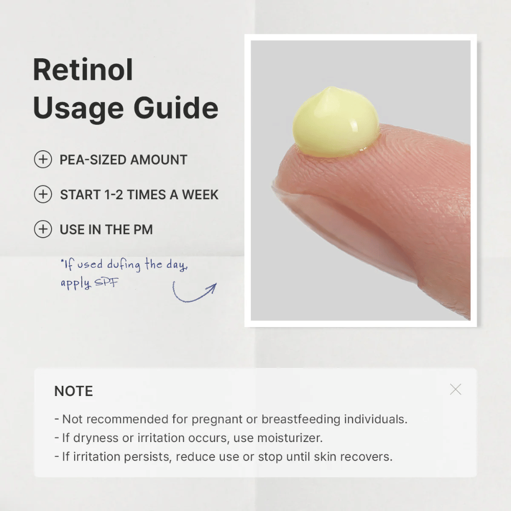 Immagine guida che spiega come il retinolo dovrebbe essere introdotto nella routine di skincare. L’attenzione è posta sull’uso di una quantità pari a un pisello, sull’iniziare 1–2 volte a settimana e sull’applicazione serale. L’immagine contiene anche informazioni importanti sulla cautela durante gravidanza, allattamento ed eventuale irritazione.