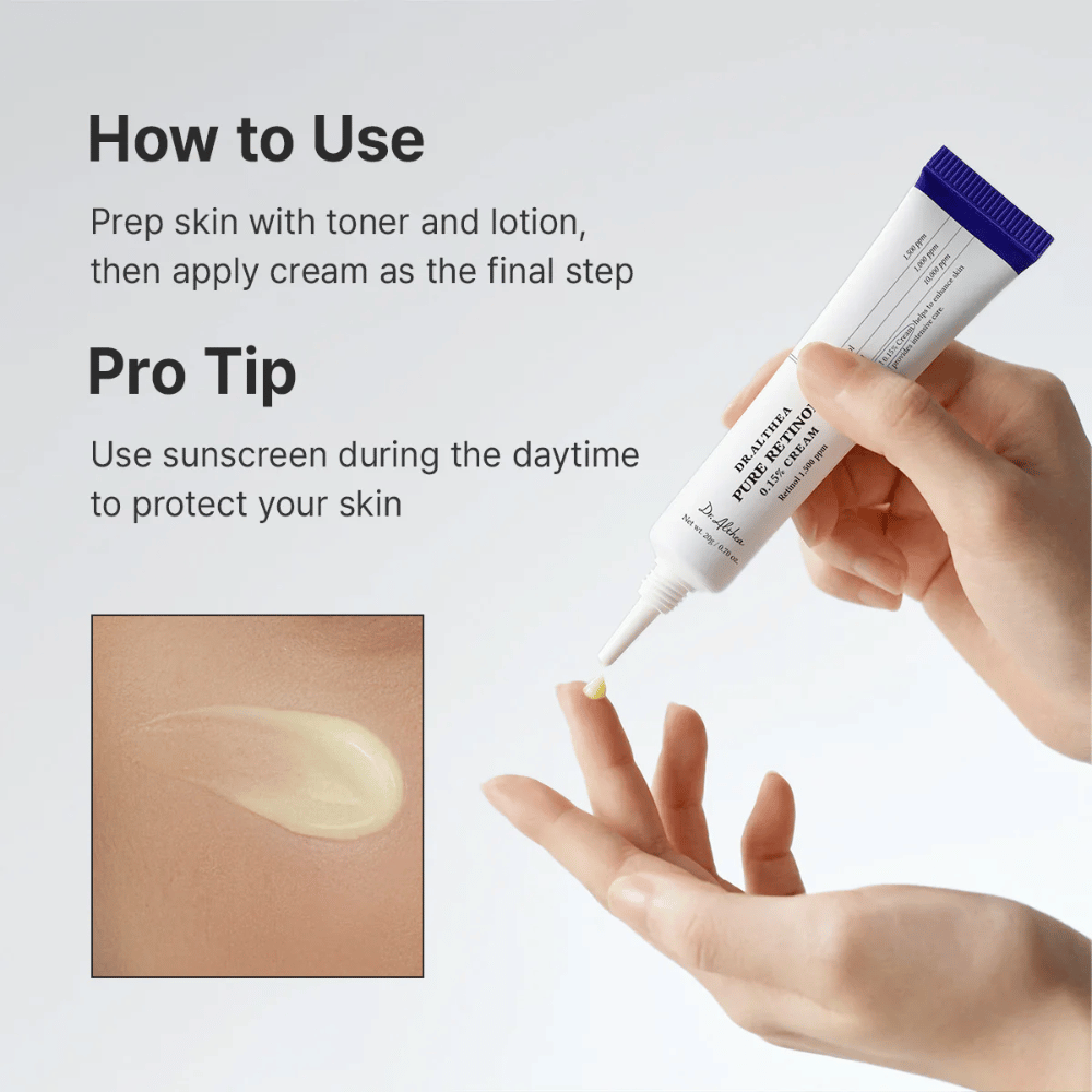 Immagine illustrativa che mostra come applicare Dr. Althea Pure Retinol 0.15% Cream. Una mano tiene il tubo mentre una piccola quantità di crema viene spremuta sulla punta del dito. L’immagine contiene anche un primo piano della texture cremosa giallo chiaro e consiglia l’uso della protezione solare durante il giorno quando si utilizza il retinolo.