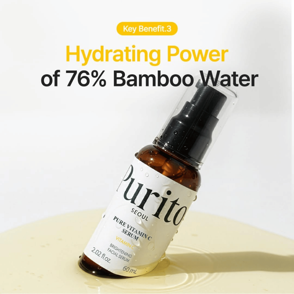 Purito SEOUL Pure Vitamin C Serum con il 76% di acqua di bambù che aiuta a idratare la pelle mentre il siero dona luminosità.