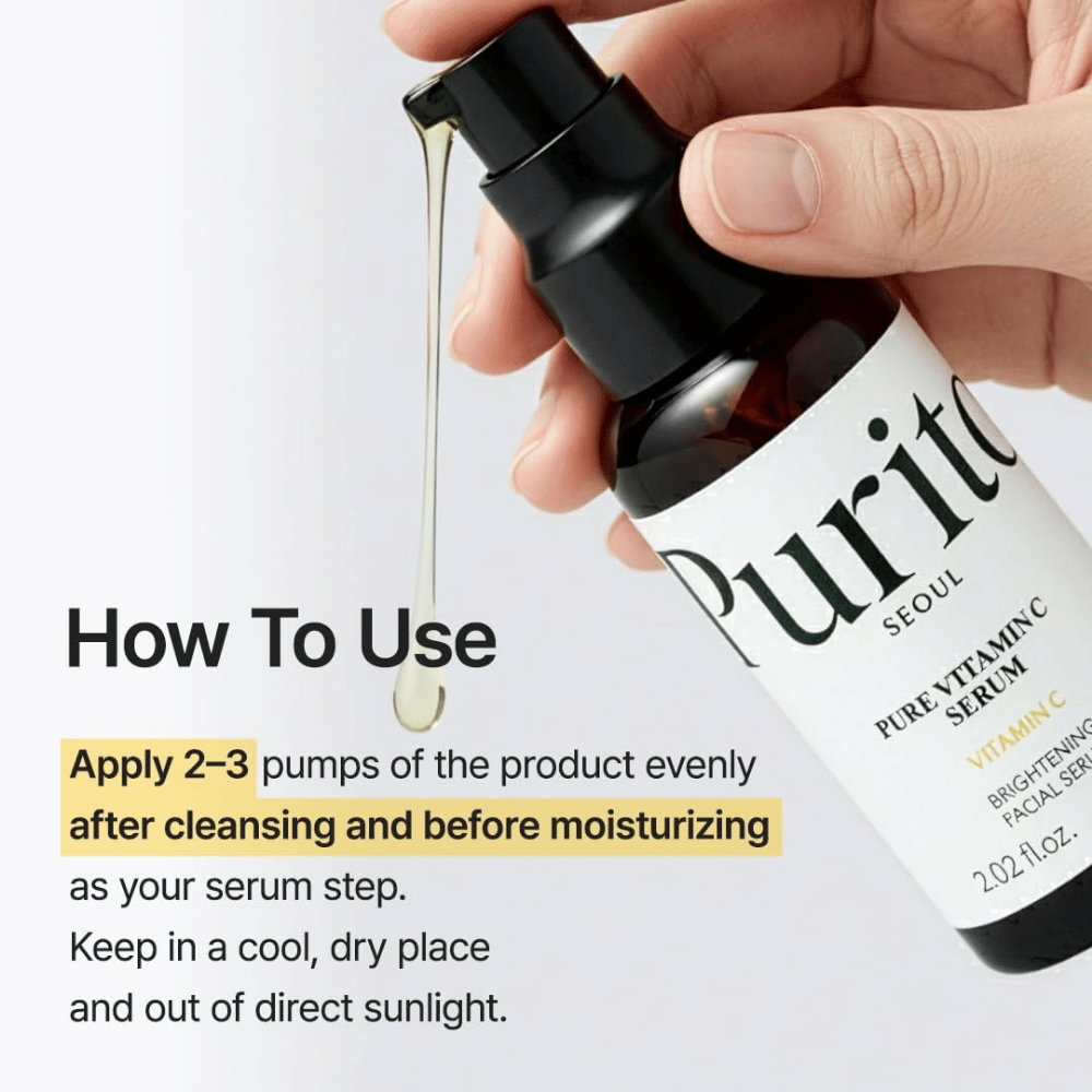 Come usare Purito SEOUL Pure Vitamin C Serum – applica 2–3 pressioni dopo la detersione e prima della crema viso come fase del siero nella routine di skincare.