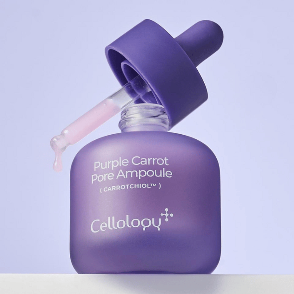 Cellology Purple Carrot Pore Ampoule con contagocce che mostra la consistenza morbida e cremosa dell'ampolla.