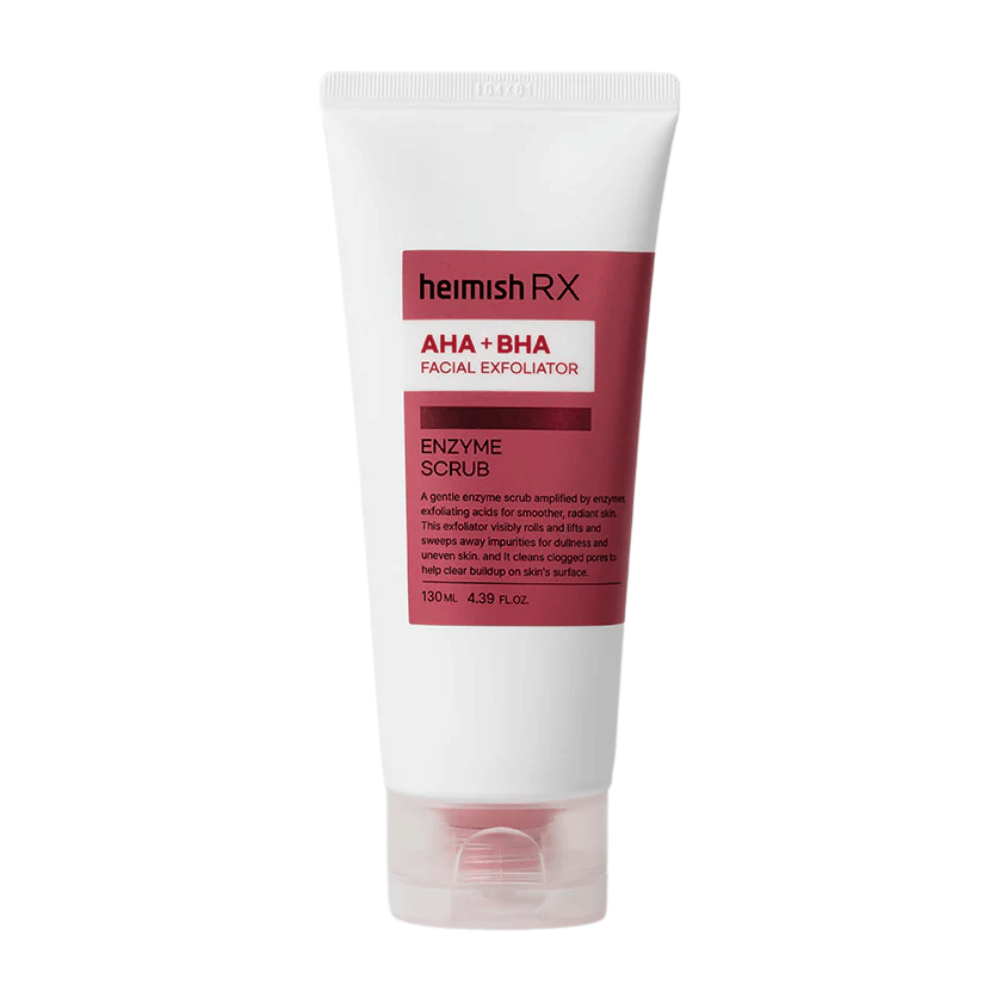 Heimish RX AHA + BHA Enzyme Scrub in un tubo bianco con etichetta rossa. Un esfoliante viso che contiene AHA e BHA per rimuovere le impurità e migliorare la texture della pelle. Il prodotto è posizionato su uno sfondo bianco.