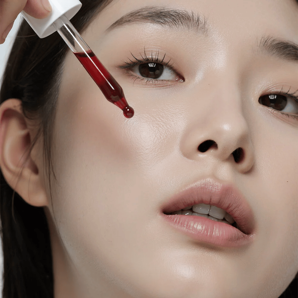 Primo piano di una donna con pelle liscia che applica Heimish RX AHA BHA 30% Peeling Serum con una pipetta, dove una goccia rossa sta per colpire la sua guancia.