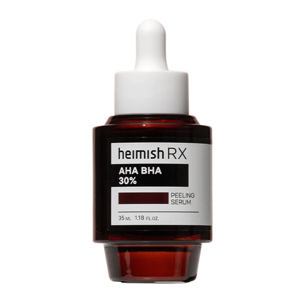 Heimish RX AHA BHA 30% Peeling Serum in una bottiglia di vetro rosso scuro con pipetta, progettato per esfoliare e migliorare la texture della pelle.