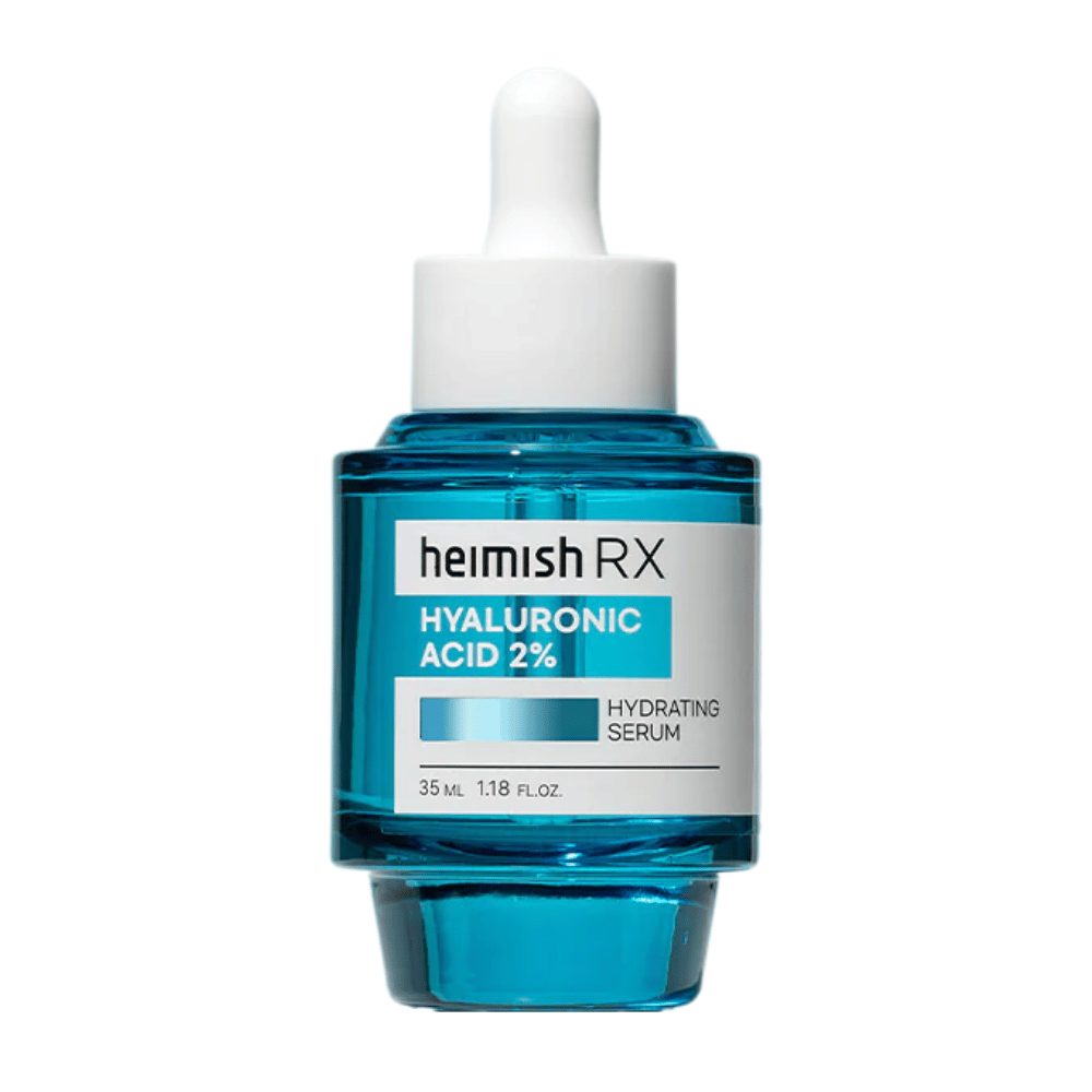 Heimish RX Siero idratante all'acido ialuronico 2% in una bottiglia di vetro blu con tappo contagocce, progettato per un'idratazione intensa della pelle.