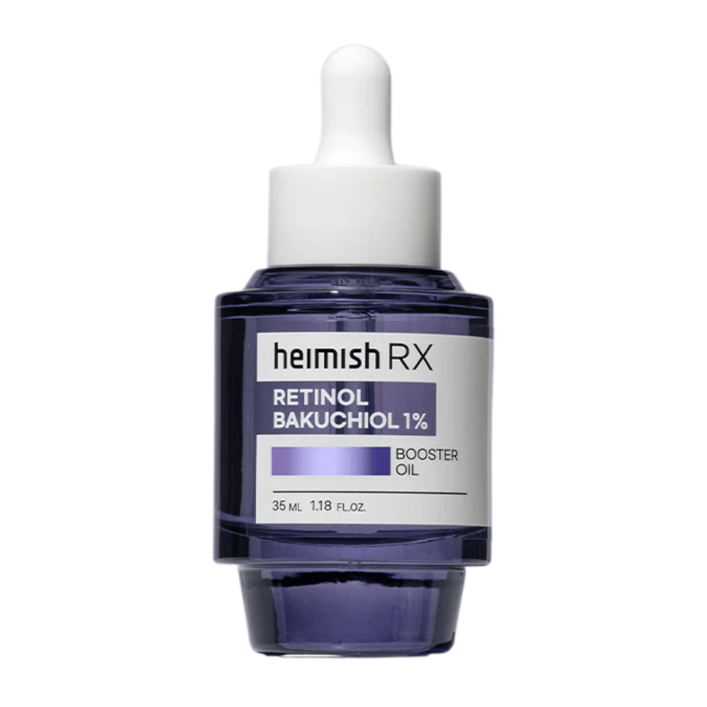 Heimish RX Retinol Bakuchiol Booster Oil in una elegante bottiglia di vetro viola con pipetta, progettata per migliorare l'elasticità della pelle e ridurre le linee sottili.
