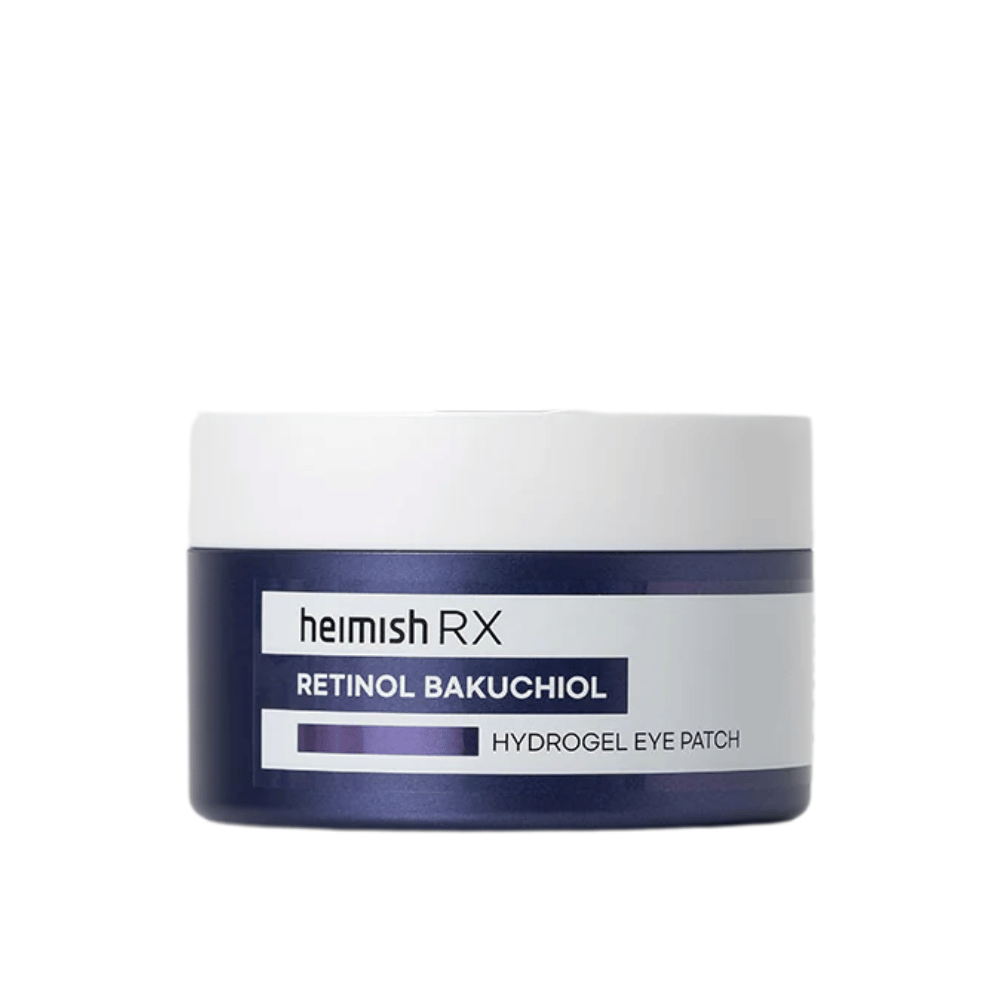 Heimish RX Retinol Bakuchiol Hydrogel Eye Patch in un barattolo blu scuro con coperchio bianco. Patch per occhi intensamente idratanti e rassodanti per un aspetto più giovanile.