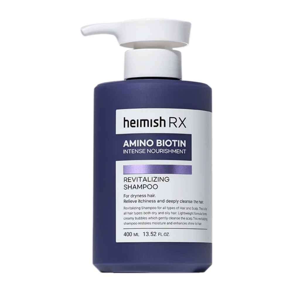 Heimish RX Amino Biotin Revitalizing Shampoo 400 ml – shampoo nutriente per capelli secchi e spenti, con biotina e amminoacidi per rafforzare e idratare capelli e cuoio capelluto.