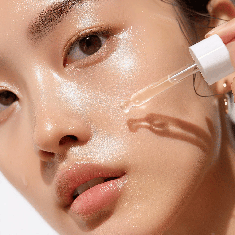 Primo piano di una persona con pelle radiosa che applica Heimish RX Retinol Bakuchiol Booster Oil con una pipetta. L'olio viene delicatamente gocciolato sulla guancia per un'idratazione e nutrimento intensivo.