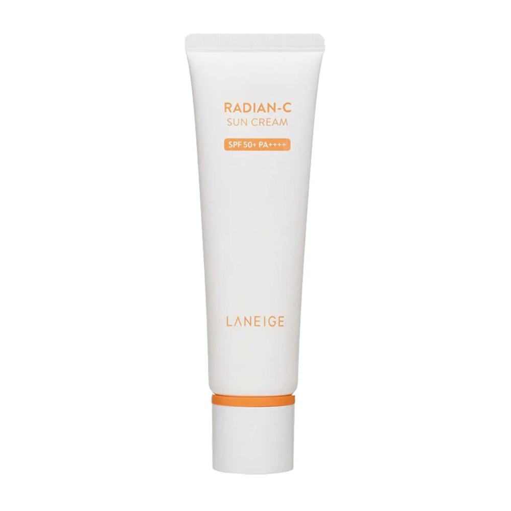 LANEIGE Radian-C Sun Cream SPF 50+ PA++++ in tubo bianco con testo arancione, isolato su sfondo bianco.