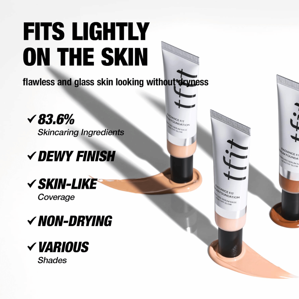 Tubetti di TFIT Radiance Fit Serum Foundation posizionati sopra una crema fondotinta con testo che mette in evidenza le caratteristiche del prodotto, inclusi ingredienti idratanti, finitura rugiadosa e copertura simile alla pelle.