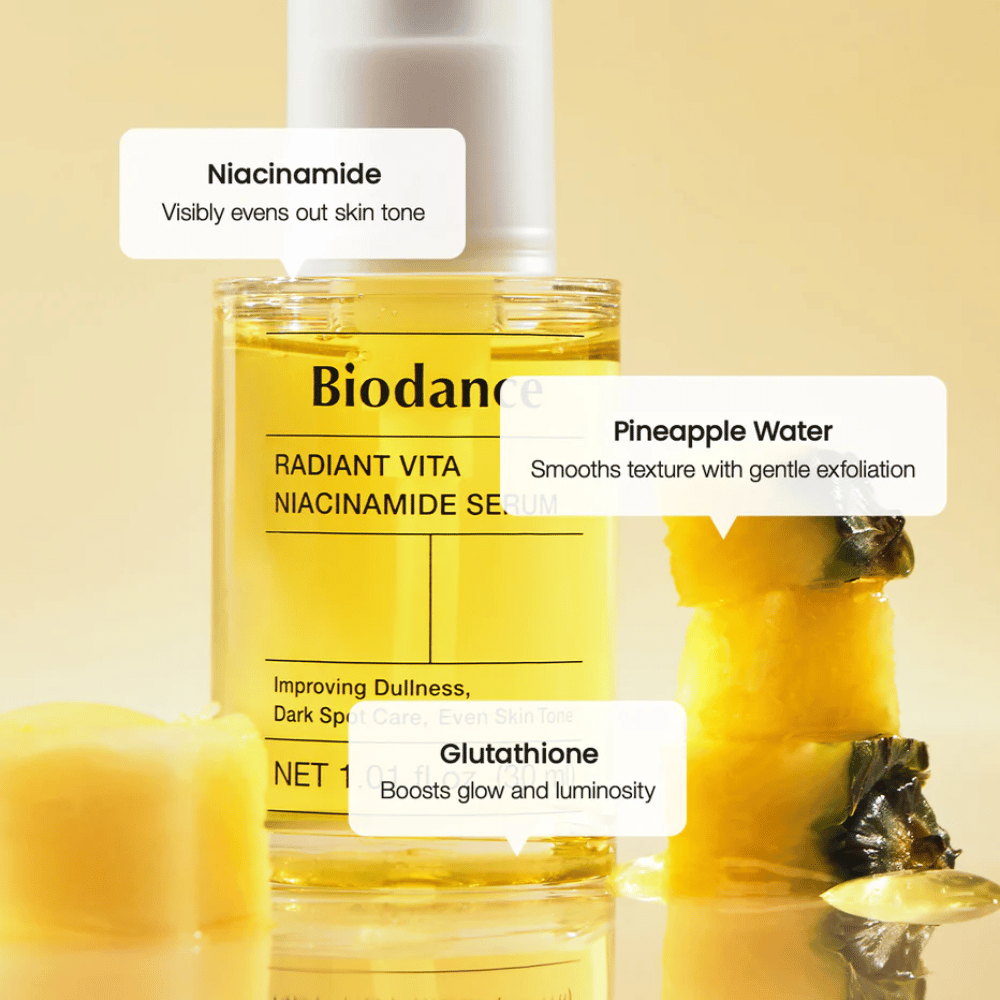 Biodance Radiant Vita Niacinamide Serum con niacinamide, acqua di ananas e glutathione per luminosità, tono della pelle uniforme e esfoliazione delicata