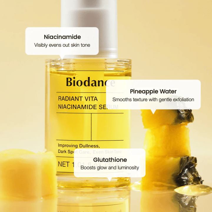 Biodance Radiant Vita Niacinamide Serum con niacinamide, acqua di ananas e glutathione per luminosità, tono della pelle uniforme e esfoliazione delicata