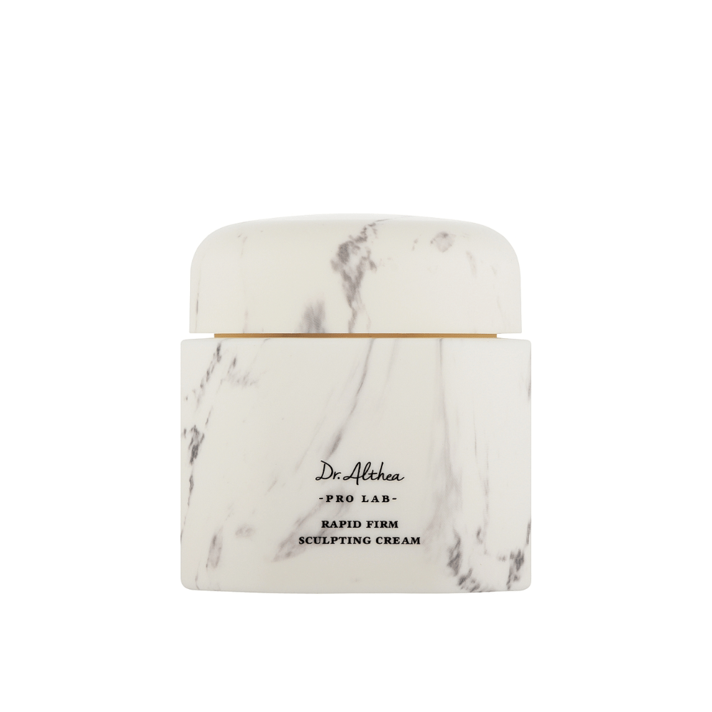 Dr. Althea Pro Lab Rapid Firm Sculpting Cream in un elegante barattolo marmorizzato. Una crema viso lussuosa che rassoda e idrata la pelle, con un focus su sollevare e sostenere per una luminosità giovanile.