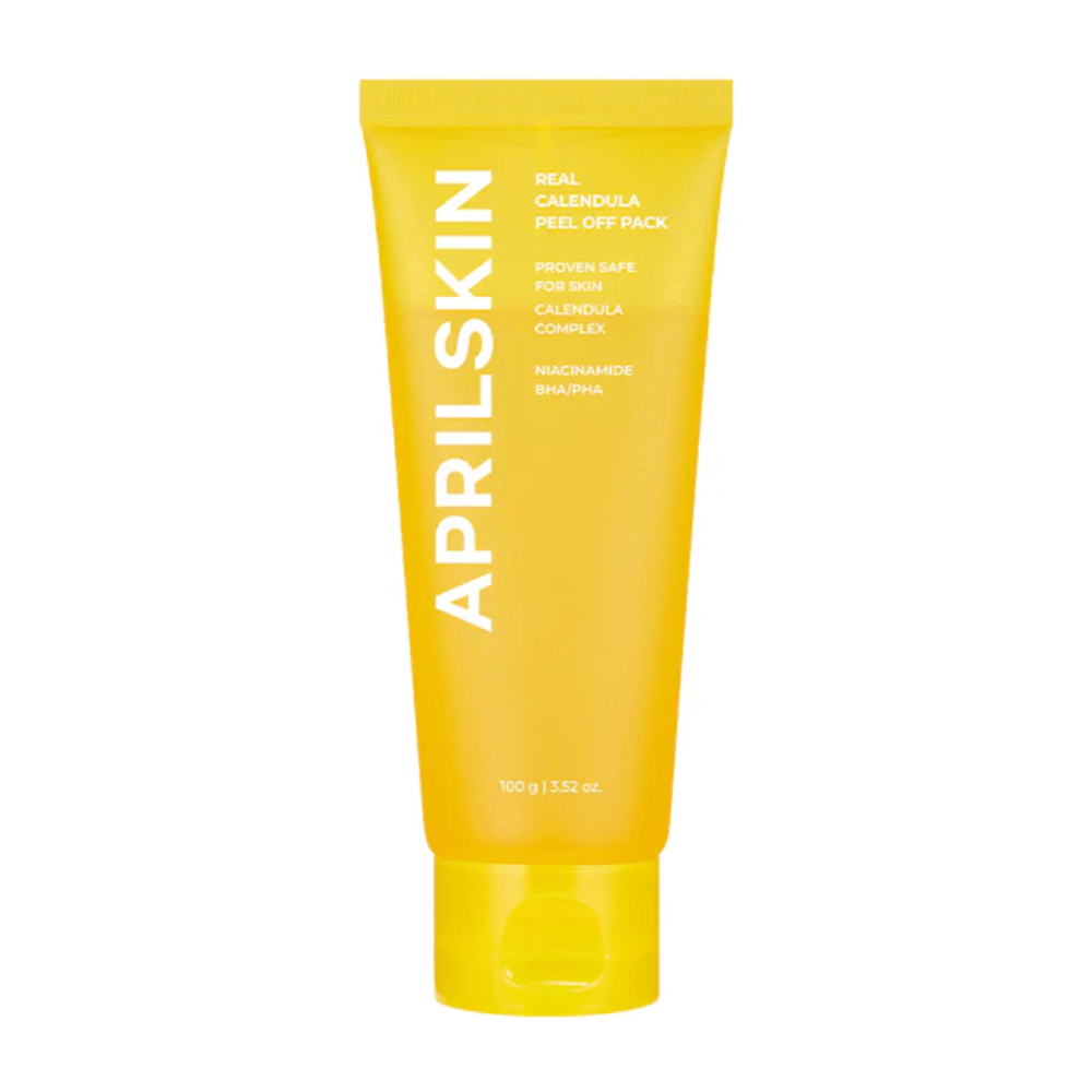 L'immagine mostra un tubo giallo con "Real Calendula Peel Off Pack" da APRILSKIN. Il prodotto contiene ingredienti come calendula, niacinamide, oltre a BHA e PHA per esfoliare delicatamente la pelle.