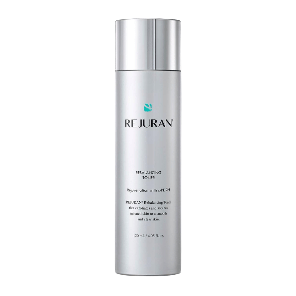 Rejuran Rebalancing Toner 120 ml, tonico viso riequilibrante con C-PDRN in un flacone argentato con tappo lucido su sfondo bianco.