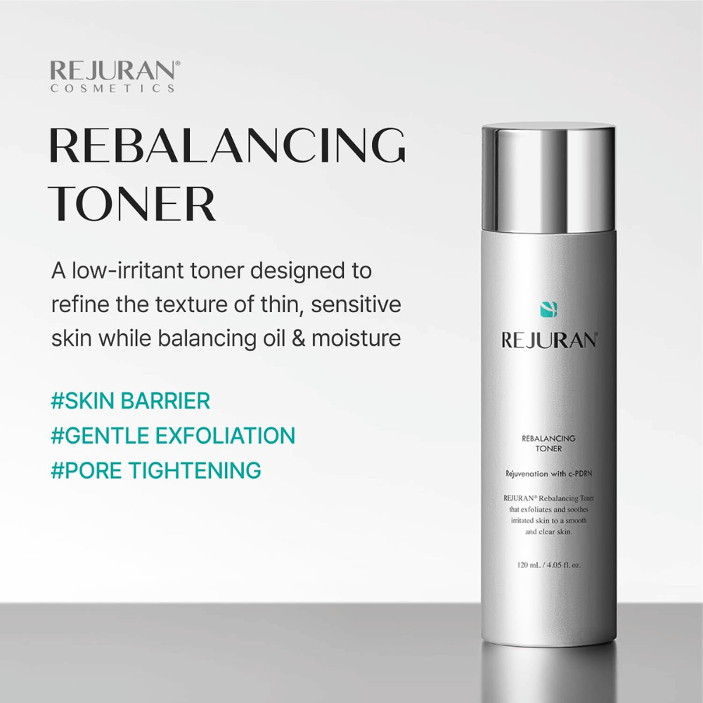 Rejuran Rebalancing Toner 120 ml, tonico viso delicatamente esfoliante con C-PDRN per pelli sensibili. Flacone argentato con i benefici del prodotto.
