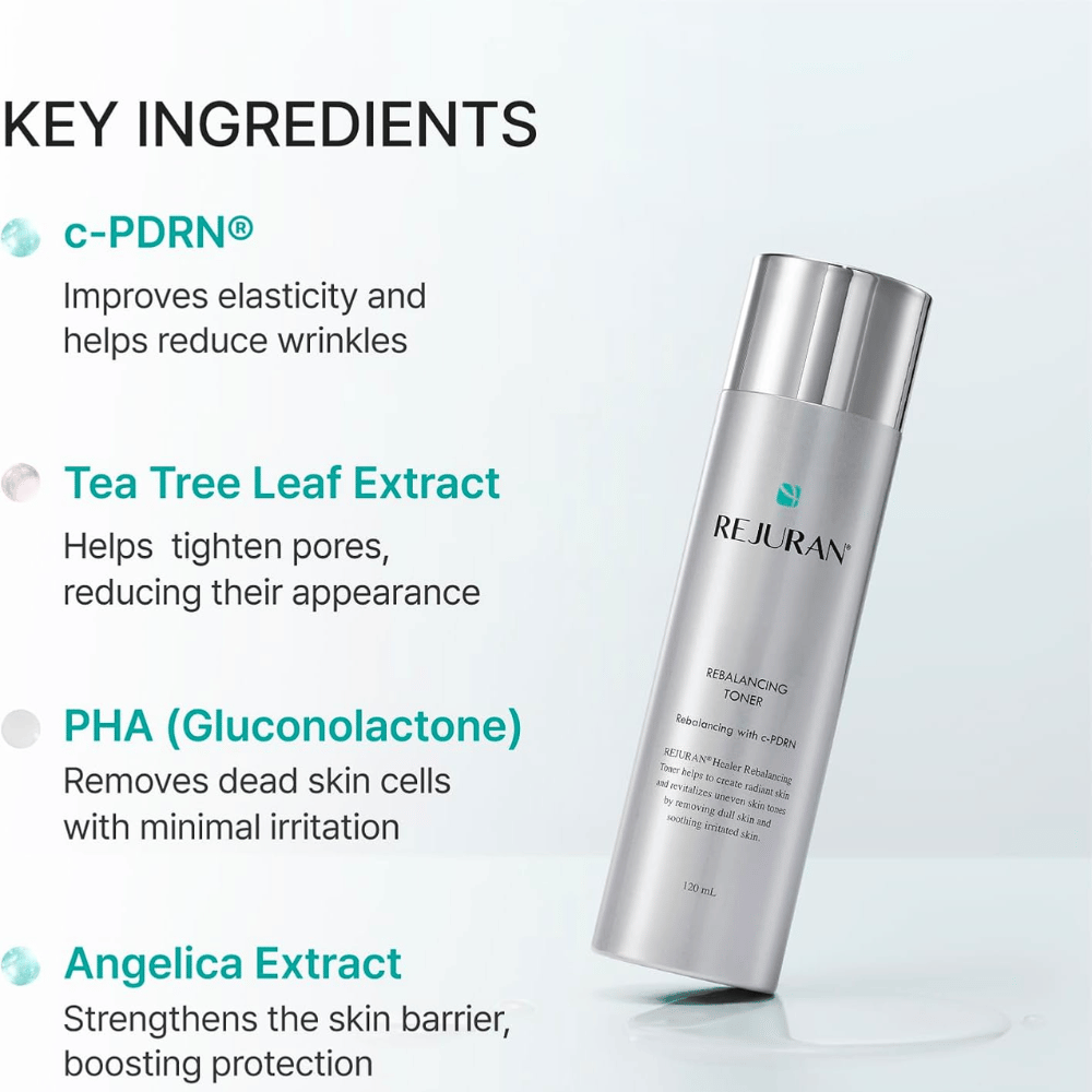 Rejuran Rebalancing Toner 120 ml con C-PDRN, estratto di tea tree, PHA ed estratto di angelica. Flacone argentato con panoramica degli ingredienti.