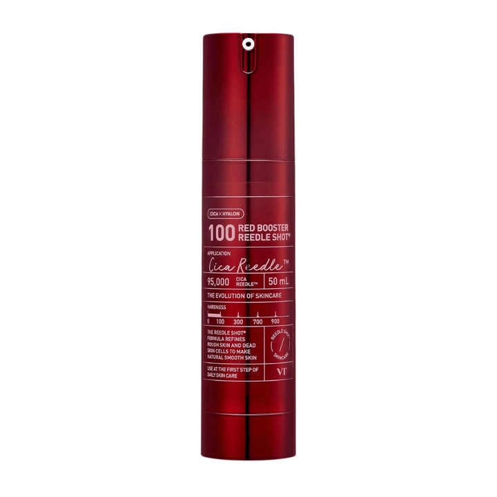 VT Cosmetics Red Booster Reedle Shot 100 siero microneedling in bottiglia rossa su sfondo bianco, 50 ml, sviluppato per esfoliazione, rinnovamento della pelle e migliorato assorbimento nella routine di cura della pelle.