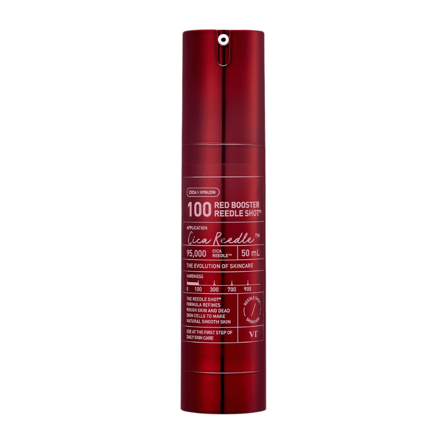 VT Cosmetics Red Booster Reedle Shot 100 siero microneedling in bottiglia rossa su sfondo bianco, 50 ml, sviluppato per esfoliazione, rinnovamento della pelle e migliorato assorbimento nella routine di cura della pelle.
