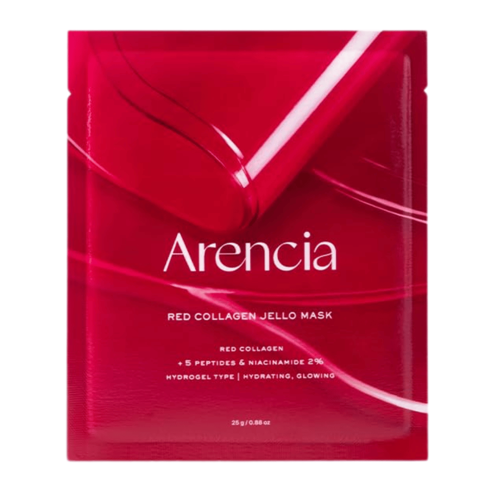 Primo piano di Arencia Red Collagen Jello Mask che mostra la consistenza simile a un gel e la maschera ricca di siero per una cura intensiva del collagene.