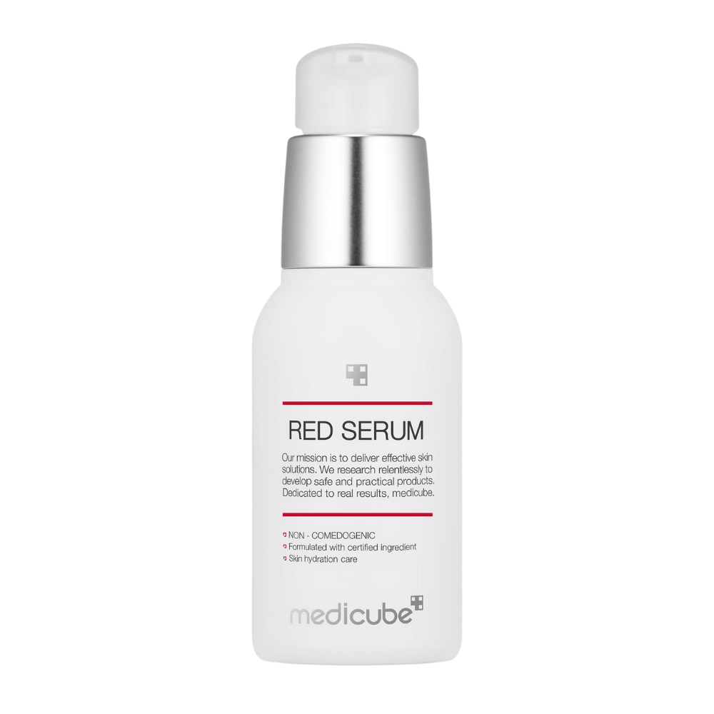 medicube Red Serum 2.0 – flacone a pompa bianco con dettagli argento, progettato per idratare la pelle e prevenire i brufoli senza ostruire i pori.