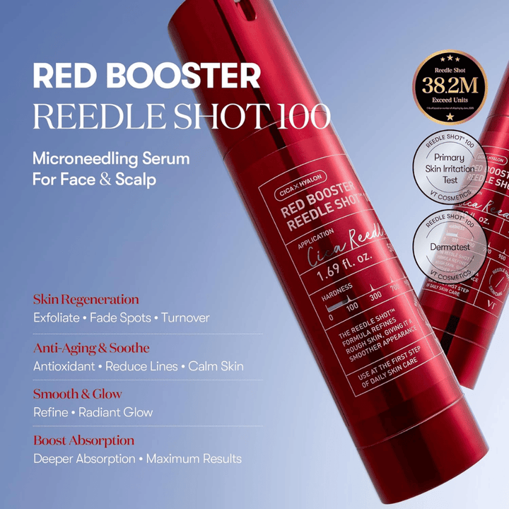 VT Cosmetics Red Booster Reedle Shot 100 siero microneedling per viso e cuoio capelluto, progettato per il rinnovamento della pelle, maggiore assorbimento, effetto anti-età, tono della pelle più uniforme e luminosità naturale.
