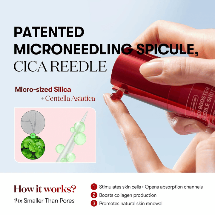 Primo piano su VT Cosmetics Red Booster Reedle Shot 100 che mostra il microneedling-spicule brevettato con CICA Reedle, silice microscopica e Centella Asiatica che stimola il rinnovamento della pelle e il collagene.