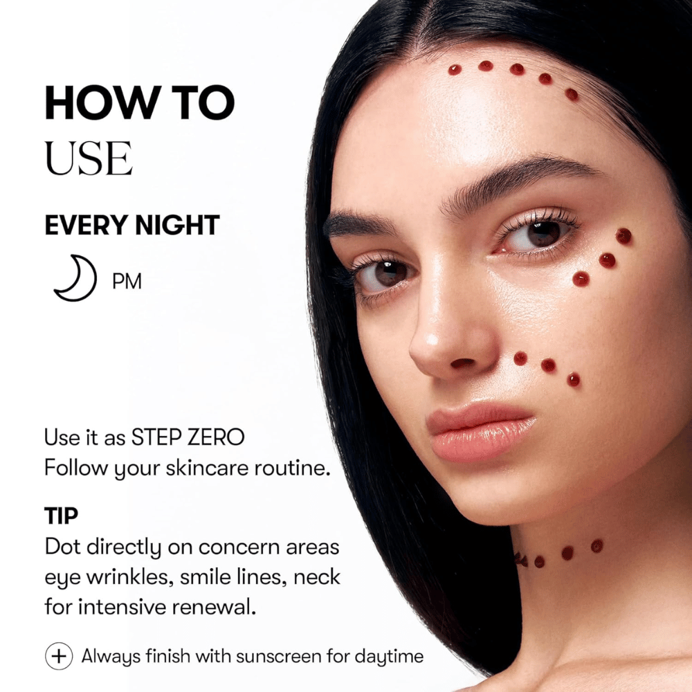 Modello mostra come VT Cosmetics Red Booster Reedle Shot 100 viene applicato puntualmente sul viso la sera, come primo passo nella routine di cura della pelle, per un intenso rinnovamento di rughe, linee e struttura della pelle.