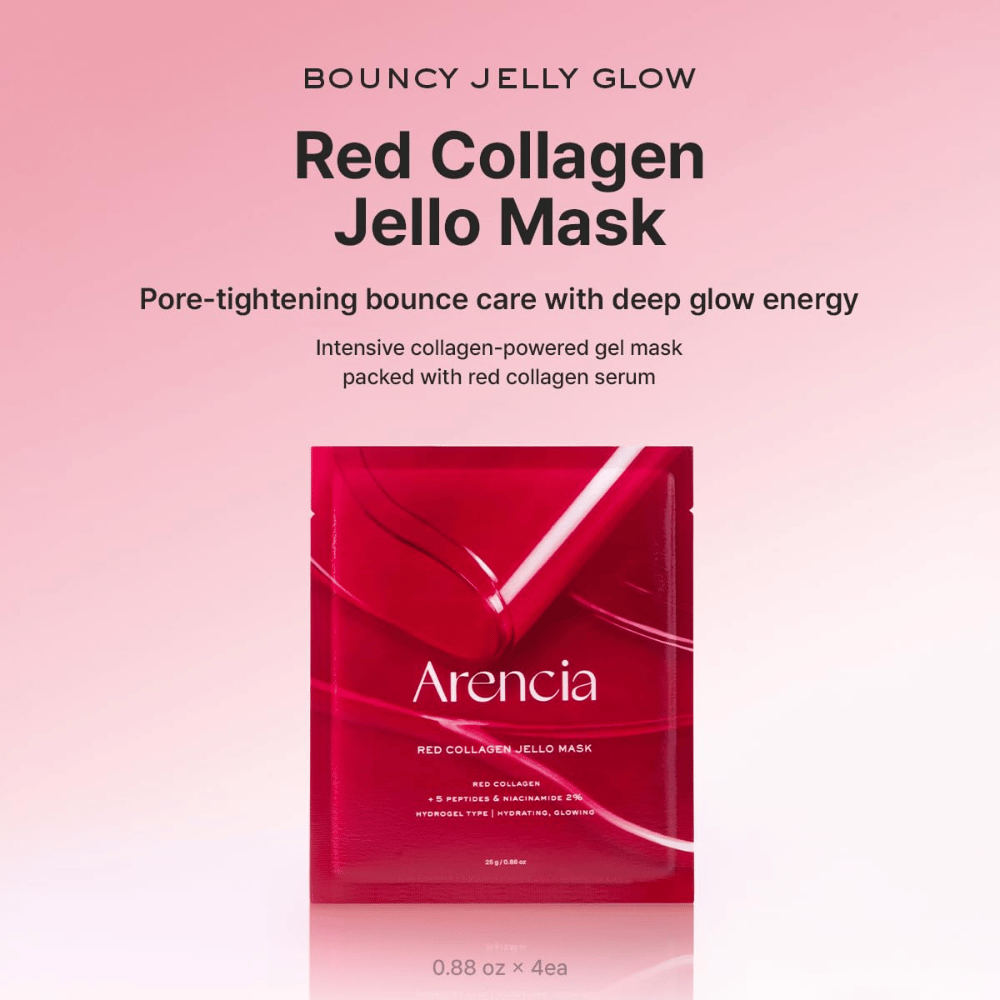 Arencia Red Collagen Jello Mask nella confezione originale – maschera in idrogel coreana con collagene rosso e peptidi per una pelle rimpolpata, idratata e radiosa.