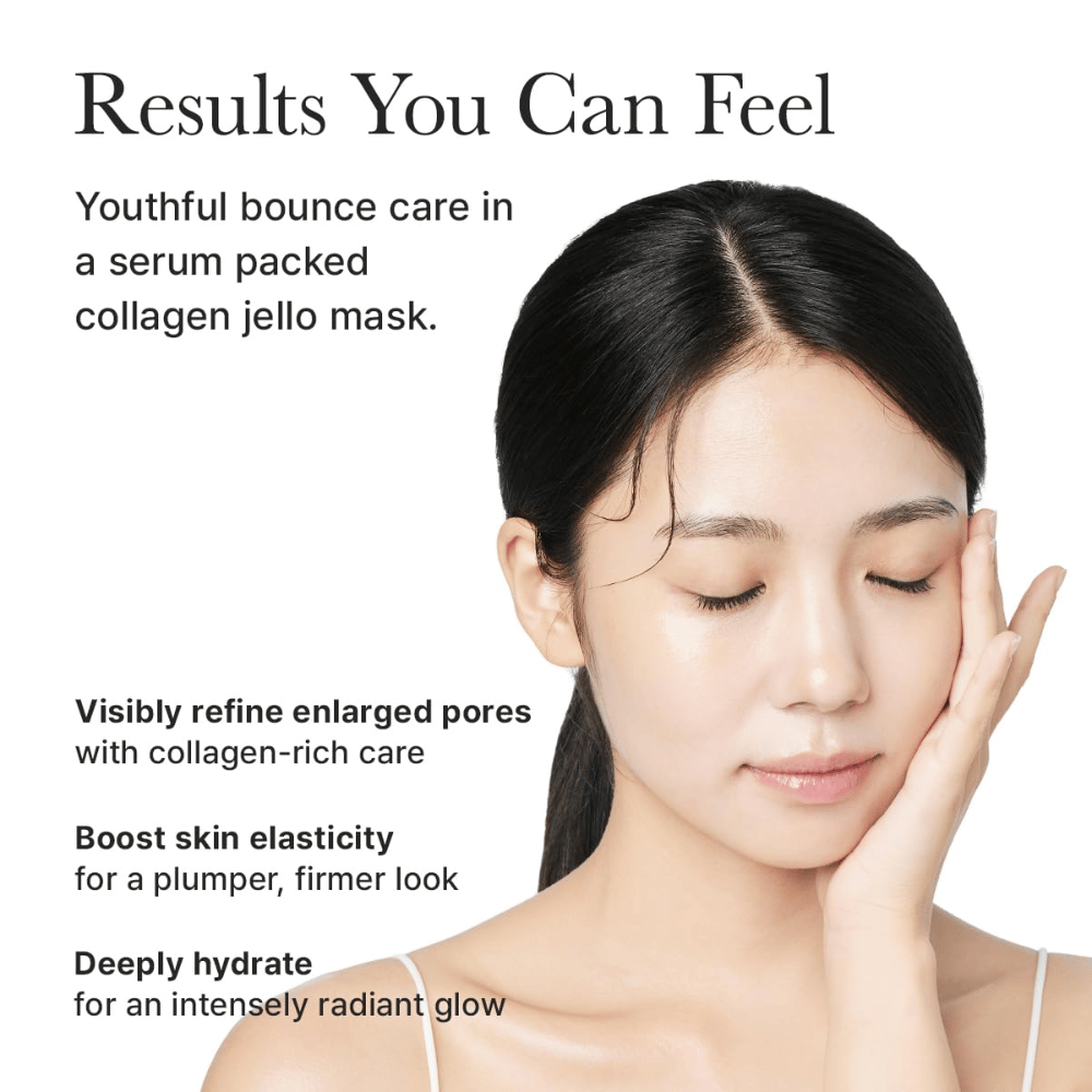 Risultati di Arencia Red Collagen Jello Mask – pelle visibilmente più soda, migliorata elasticità, pori ridotti e idratazione intensa con luminosità.