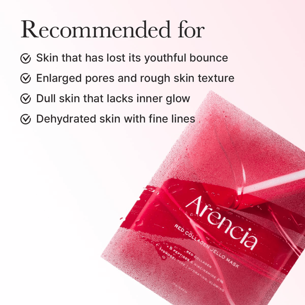 Arencia Red Collagen Jello Mask è raccomandato per pelle stanca, pori dilatati, struttura della pelle irregolare e pelle disidratata con linee sottili.