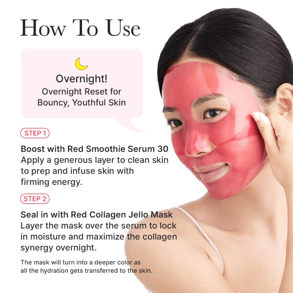 Guida all'uso di Arencia Red Collagen Jello Mask come maschera notturna – applicare dopo il siero per dare tonicità, idratazione profonda e pelle giovanile durante la notte.