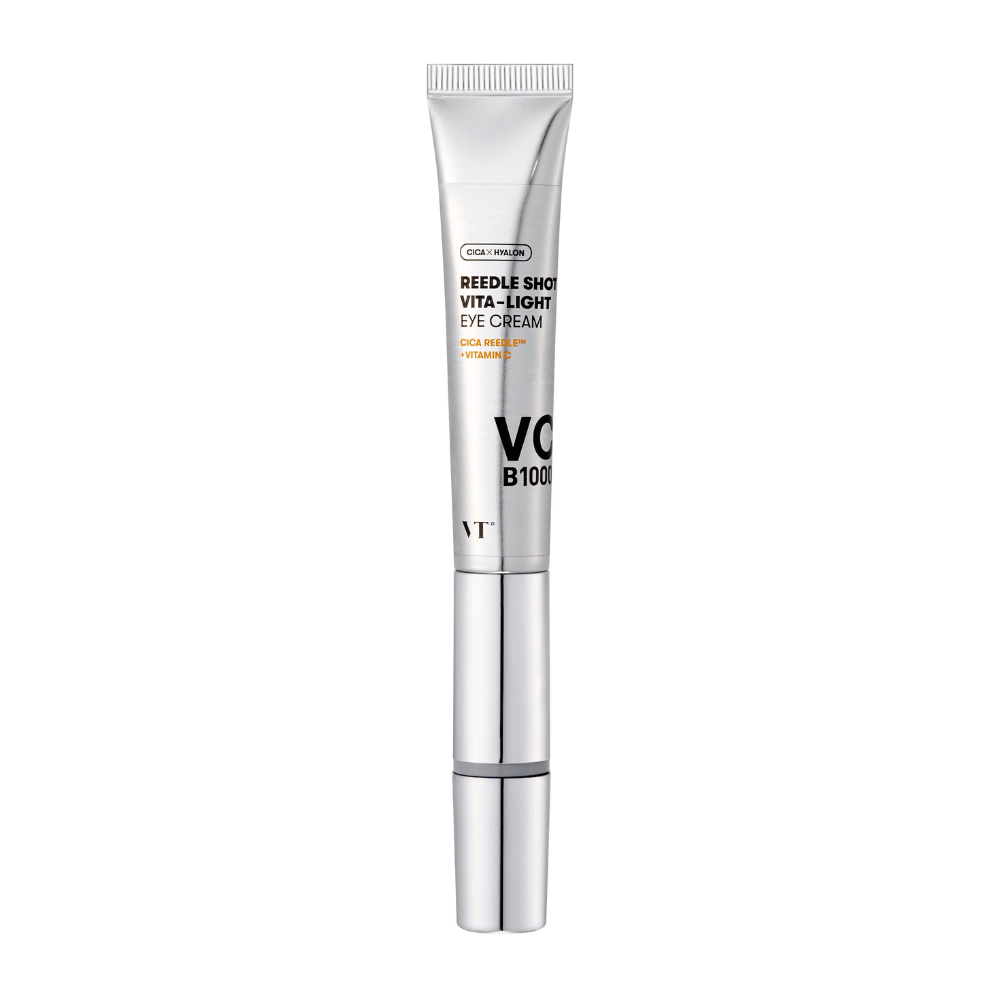 VT Reedle Shot Vita-Light Eye Cream in confezione argentata con CICA, vitamina C e ingredienti idratanti per illuminare e calmare l'area sotto gli occhi.