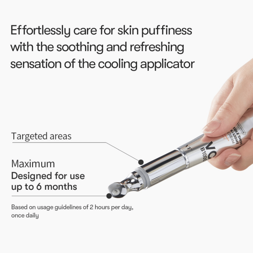 VT Reedle Shot Vita-Light Eye Cream con applicatore rinfrescante che riduce il gonfiore e dona una sensazione di freschezza durante l'uso intorno agli occhi.